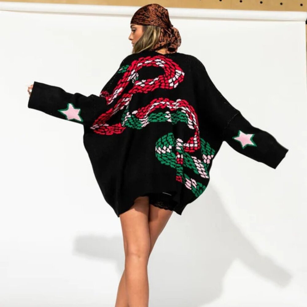 NWT Dressed in LALA Black Oversized Cardigan with Red & Green Knit Snake Motif